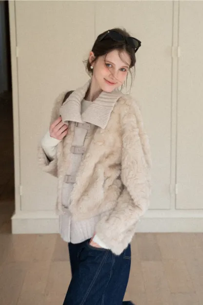 Collar Knit Patchwork Faux Shearling Coat