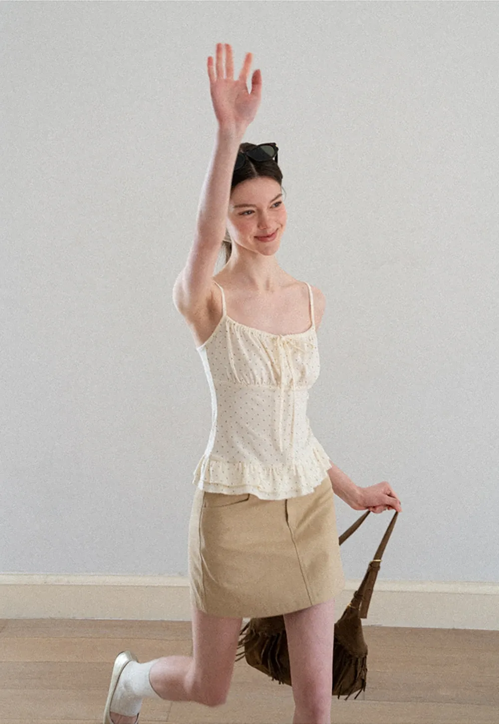 Polka Dot Drawstring Square Neck Tank Top