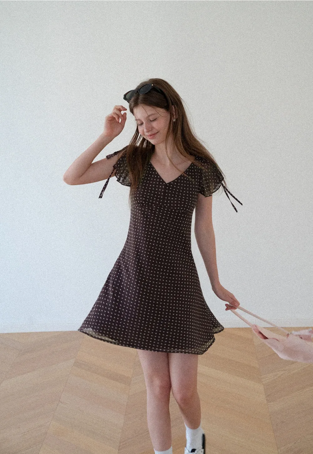 Polka Dot V Neck Tie Sleeve A Line Dress