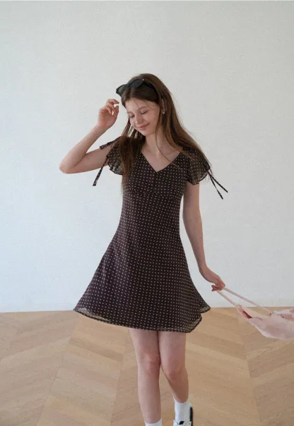 Polka Dot V Neck Tie Sleeve A Line Dress