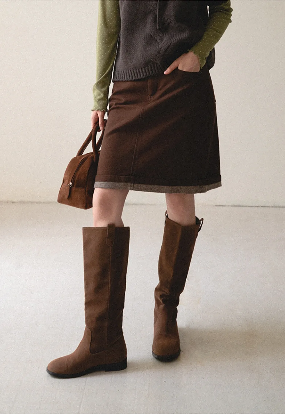 Rolled Hem Denim A-Line Skirt