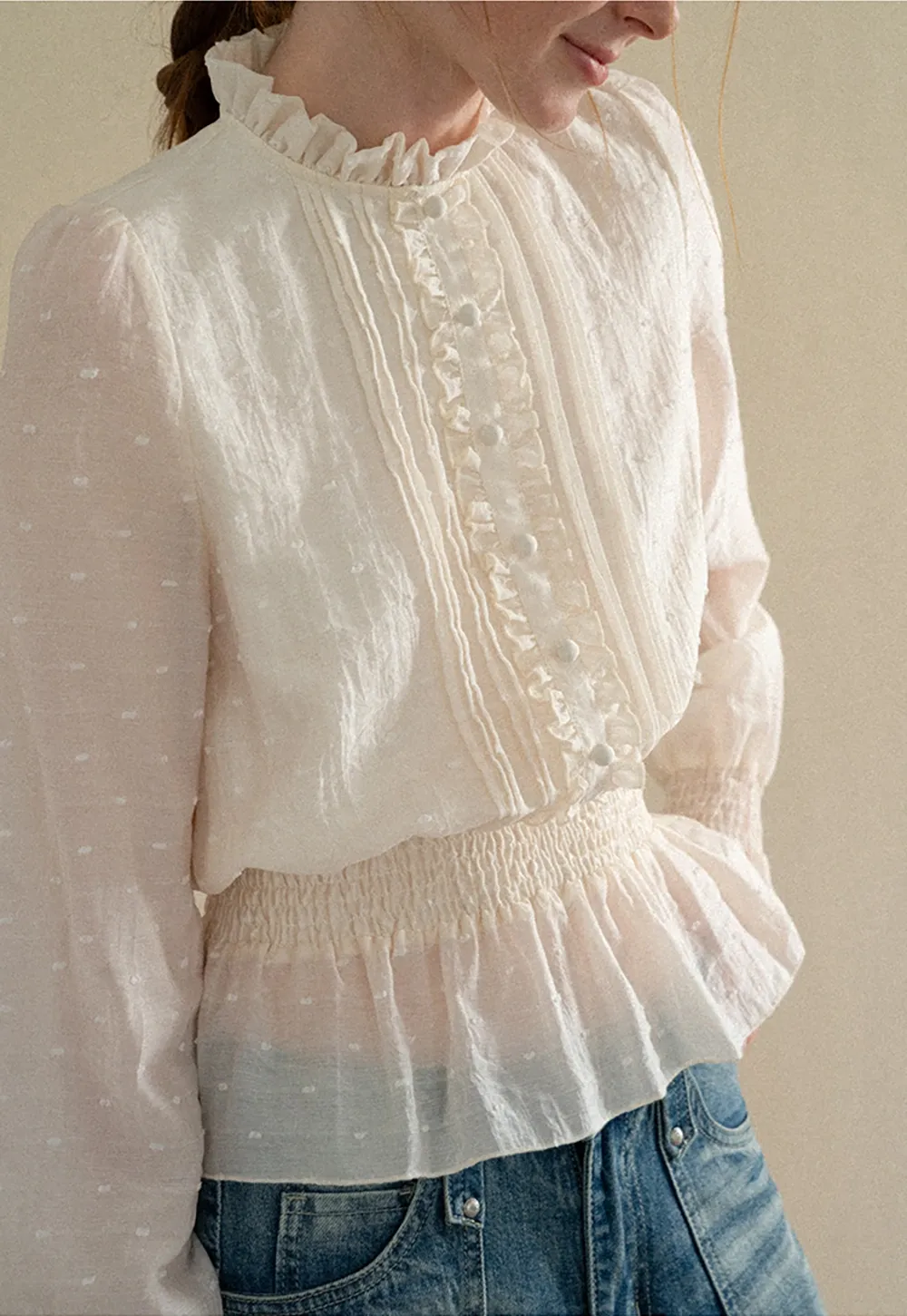 Ruffled Collar Smocked Waist Blouse