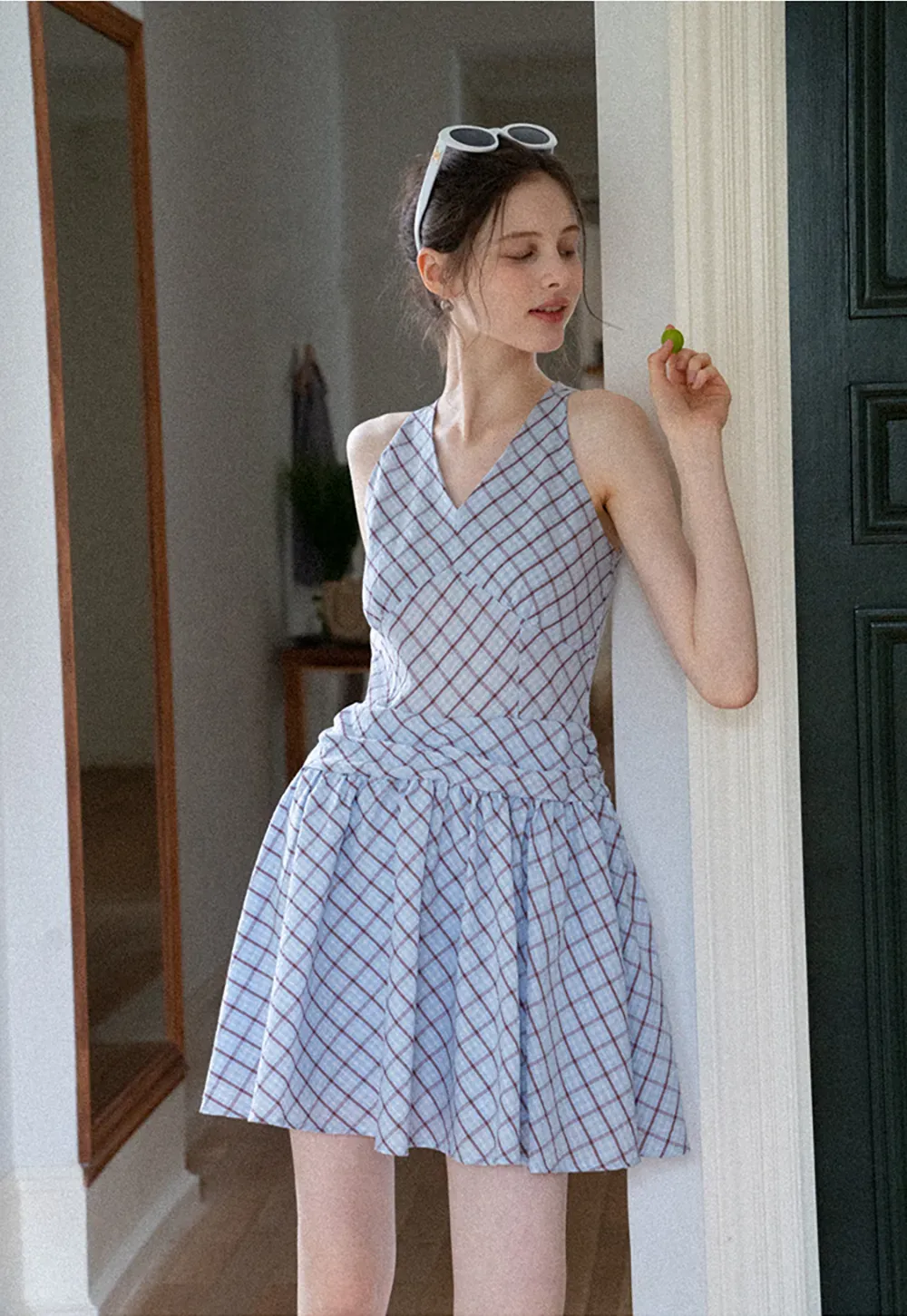 Plaid Sleeveless Mini Dress with Tie Back