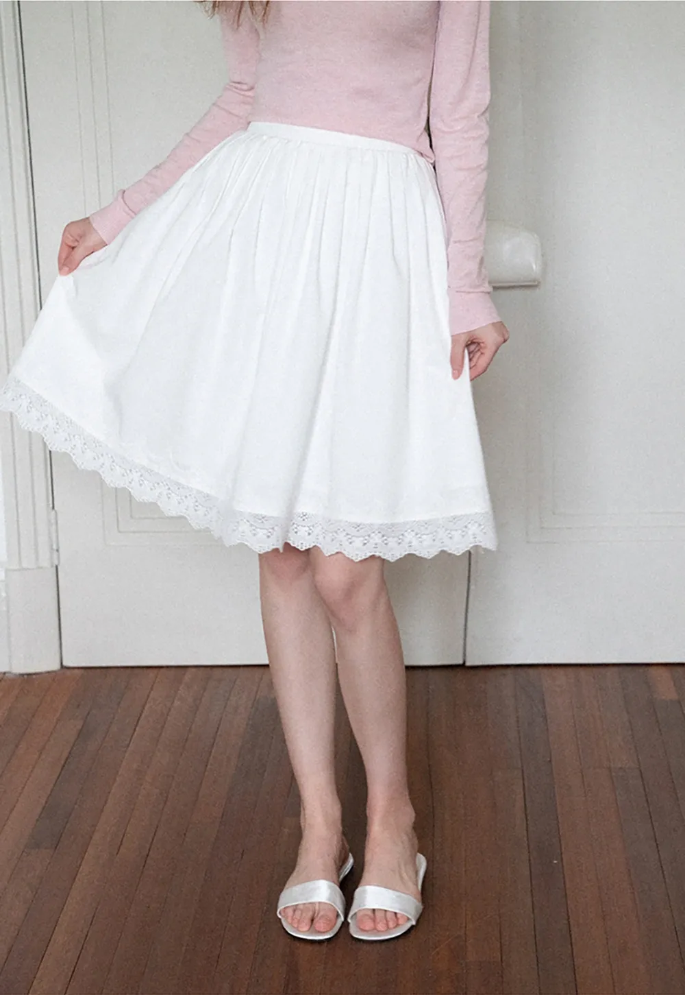 Women's High Waist A-Line Lace Hem Midi Skirt