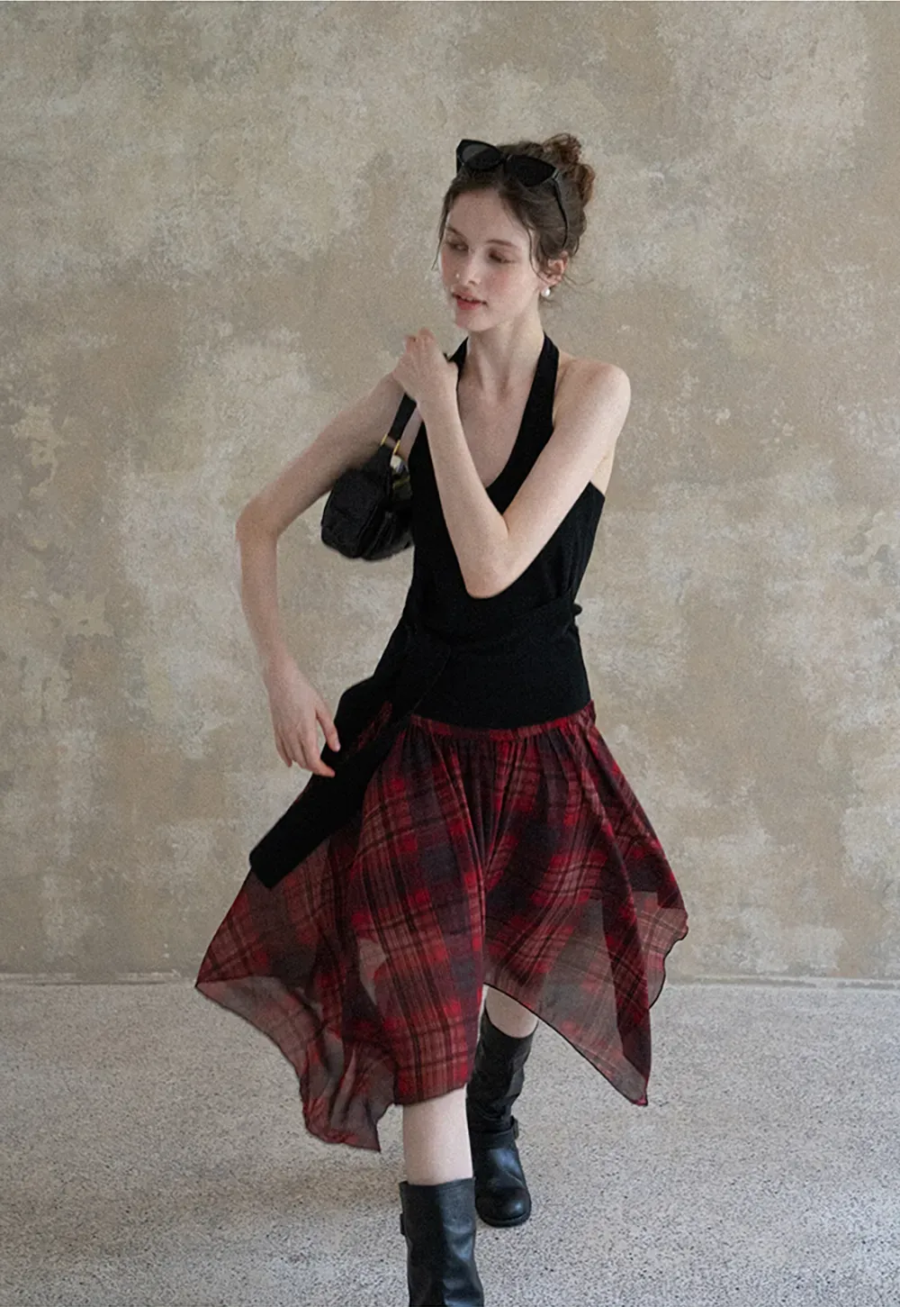 Women's Asymmetrical Plaid Midi Skirt 