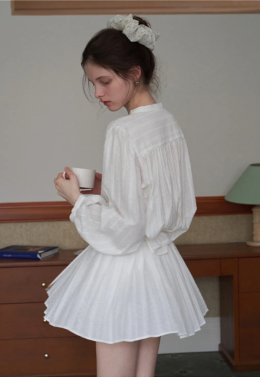Women's Boho Tassel Tie Hollow Out Long Sleeve Shirt & Pleated Skirt Set