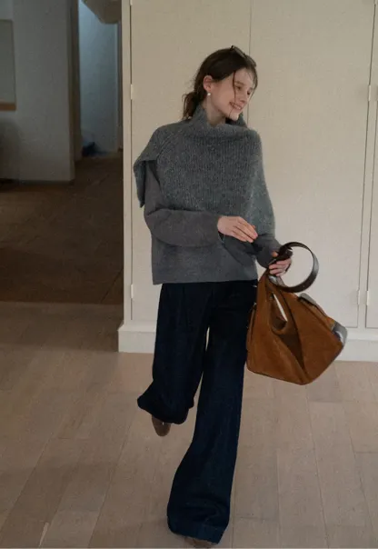 Layered Shawl Neck Knit Sweater