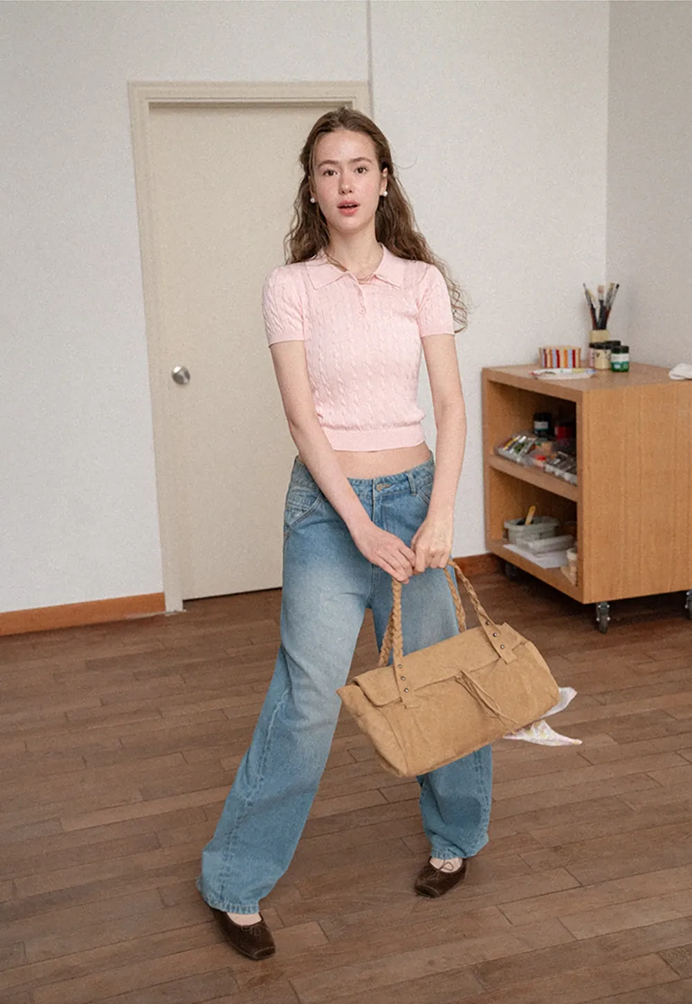 Polo Collar Ribbed Knit Short Sleeve Sweater