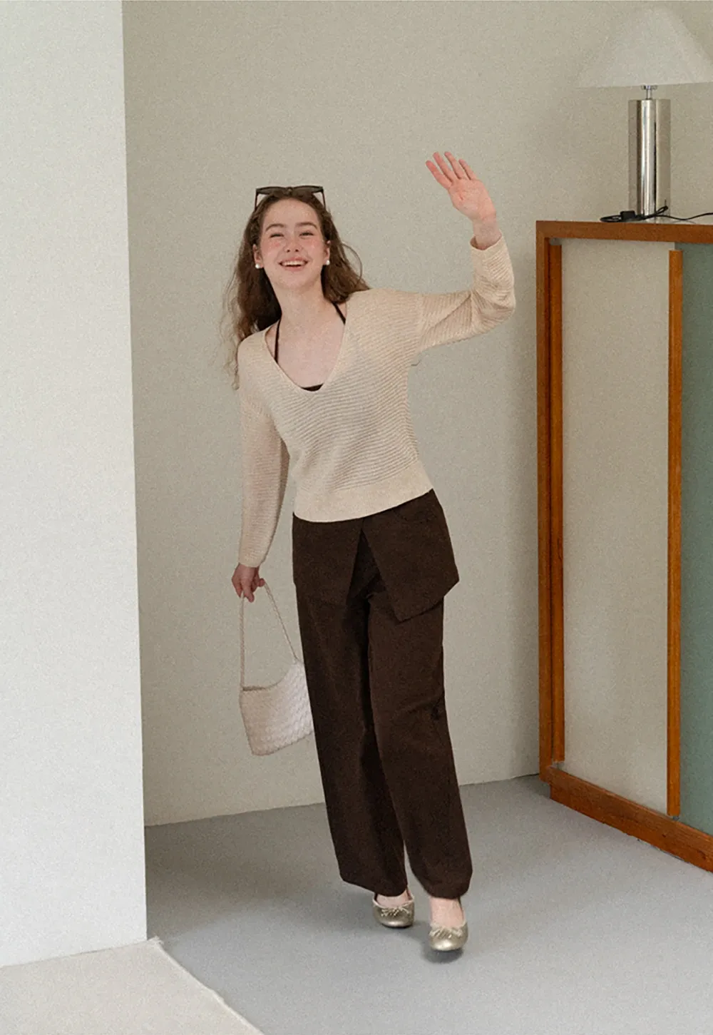 Ladies V‑Neck Knitted Pullover and White Cami Set