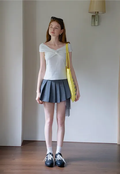 Women’s Asymmetric Tulle-Layer Pleated Mini Skirt