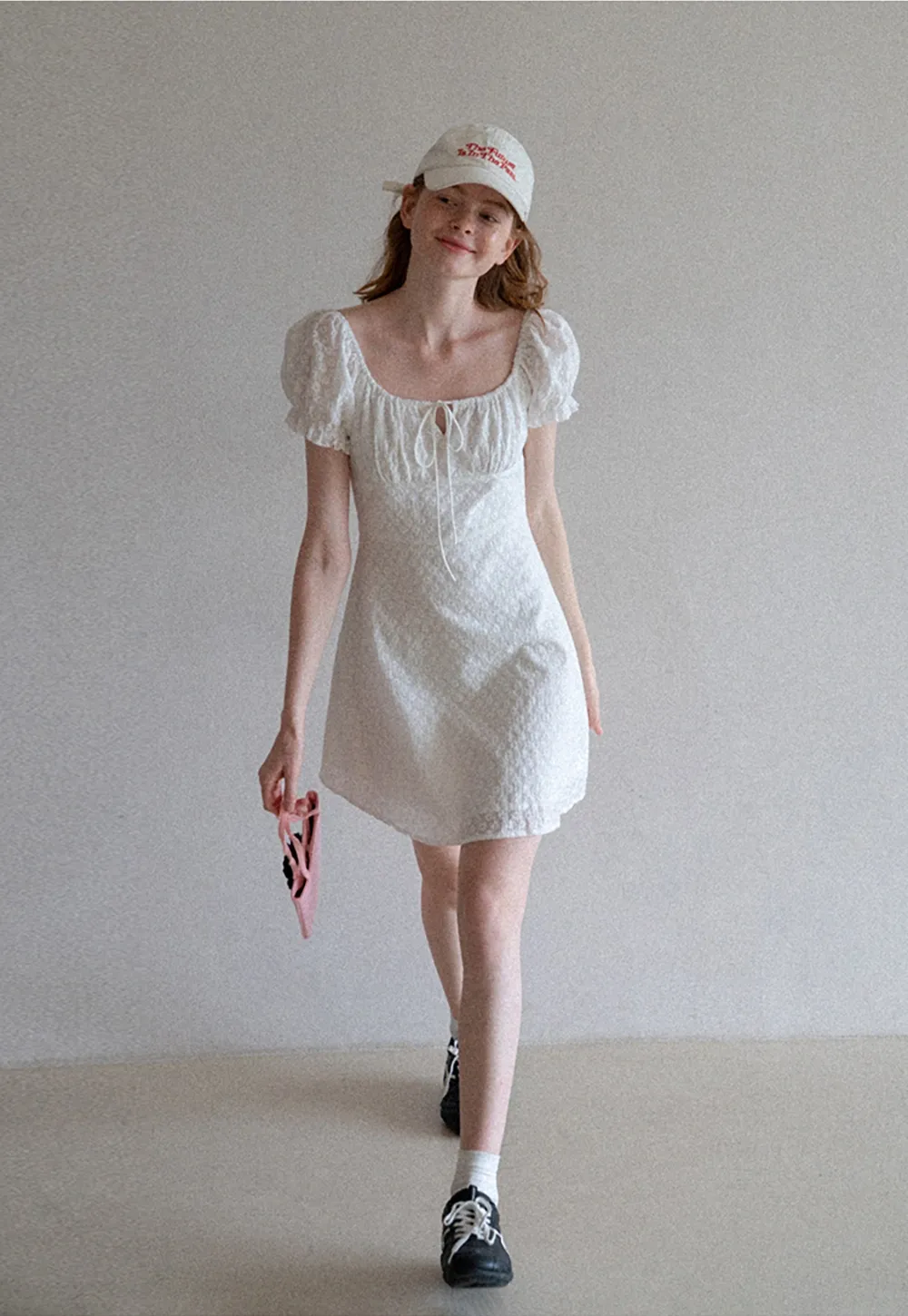 Women’s Puff Sleeve Tie-Front Eyelet Mini Dress
