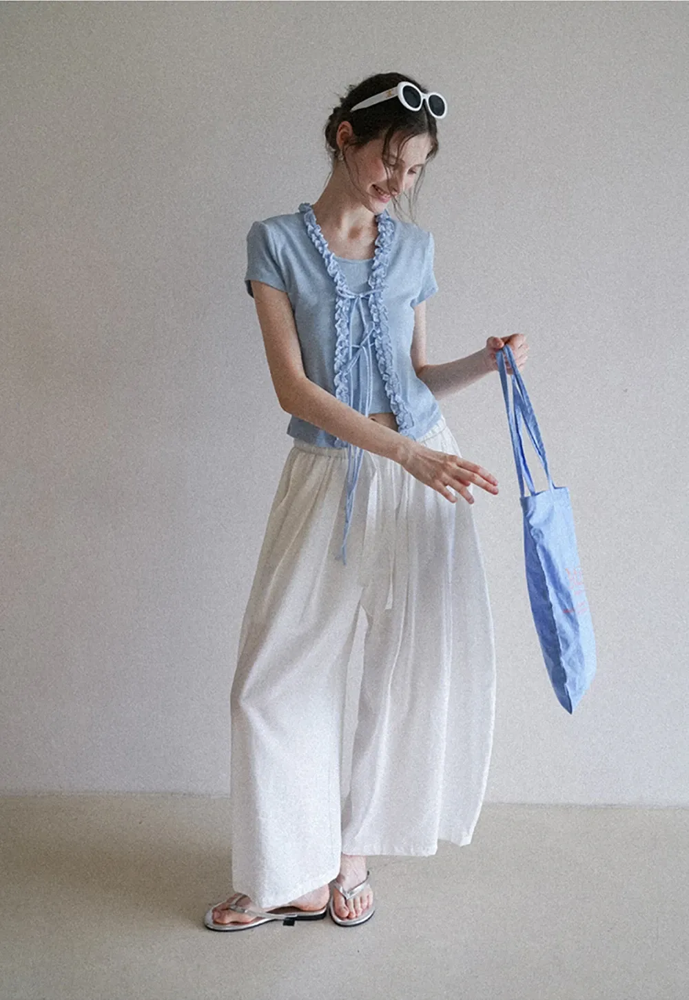 Short Sleeve Ruffle Crop Top with Bow Detail