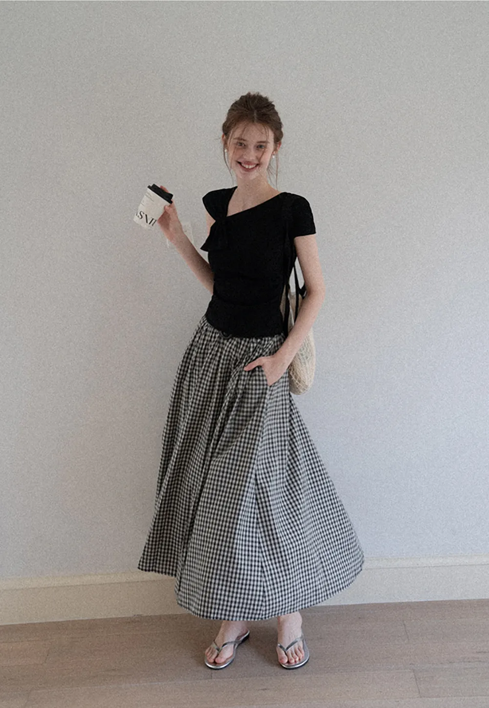 Belted Gingham Pleated Midi Skirt