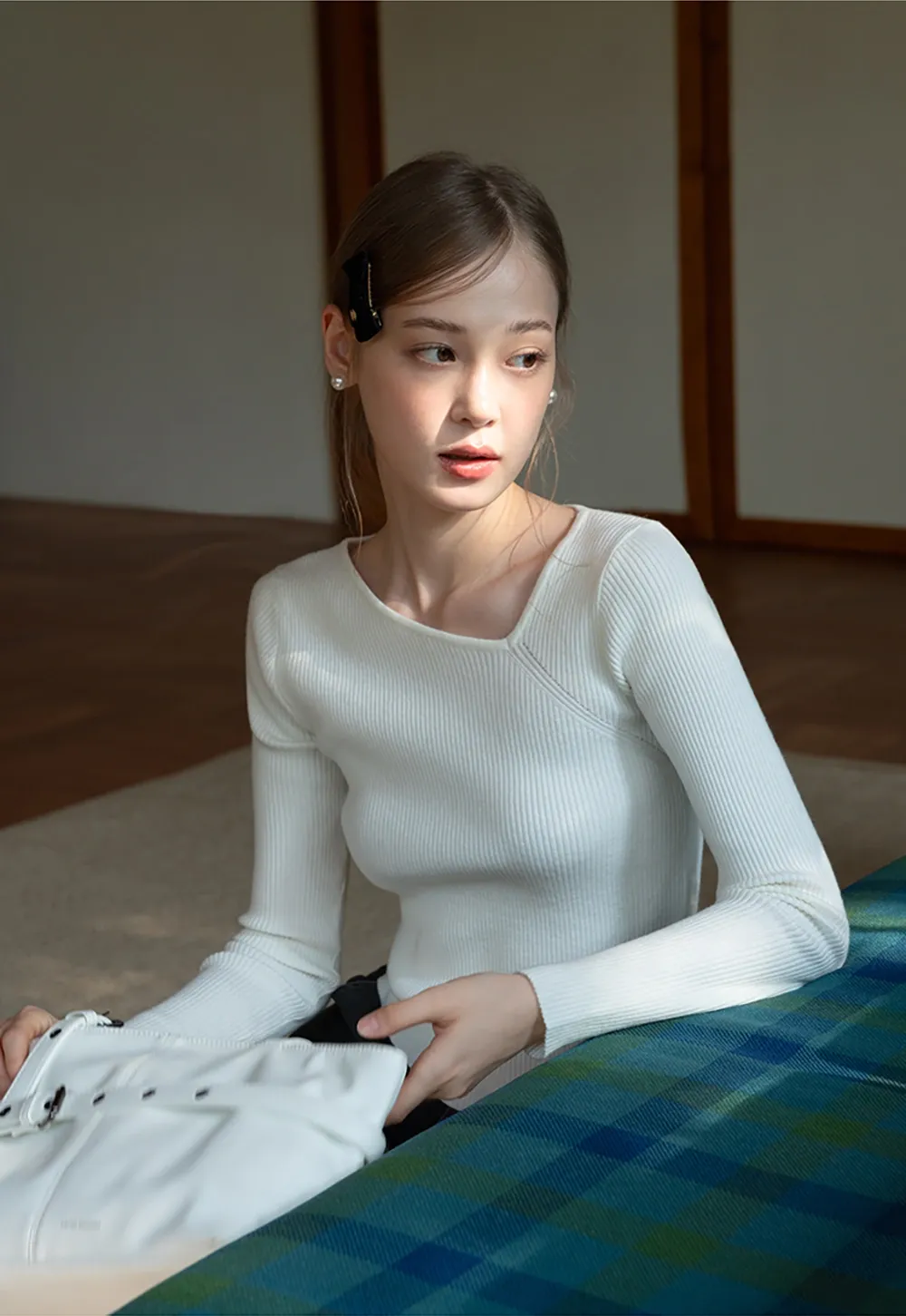 Womens Asymmetric Neck Ribbed Knit Long Sleeve Top
