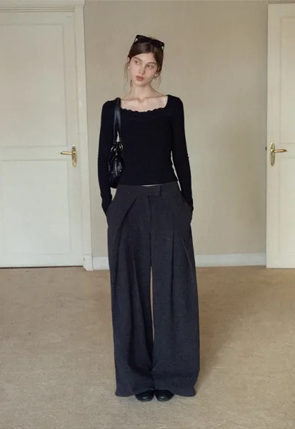 Women High Waist Pleated Wide Leg Trousers