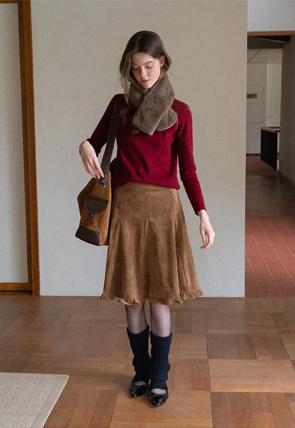 Ruffled Hem Suede A-Line Skirt