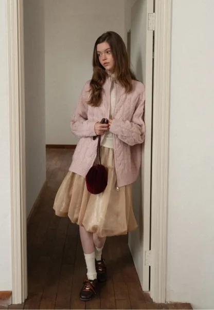 Women Cozy Cable Knit Cardigan with Zipper