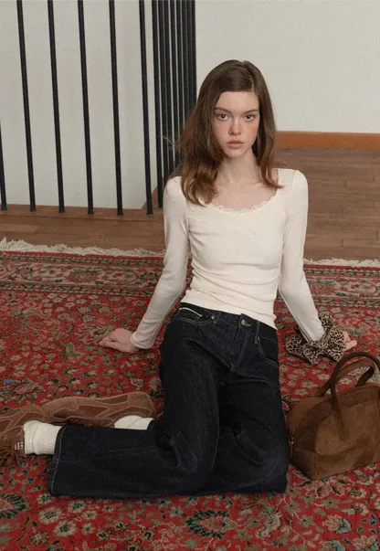 Women Classic High Rise Denim Wide Leg Pants