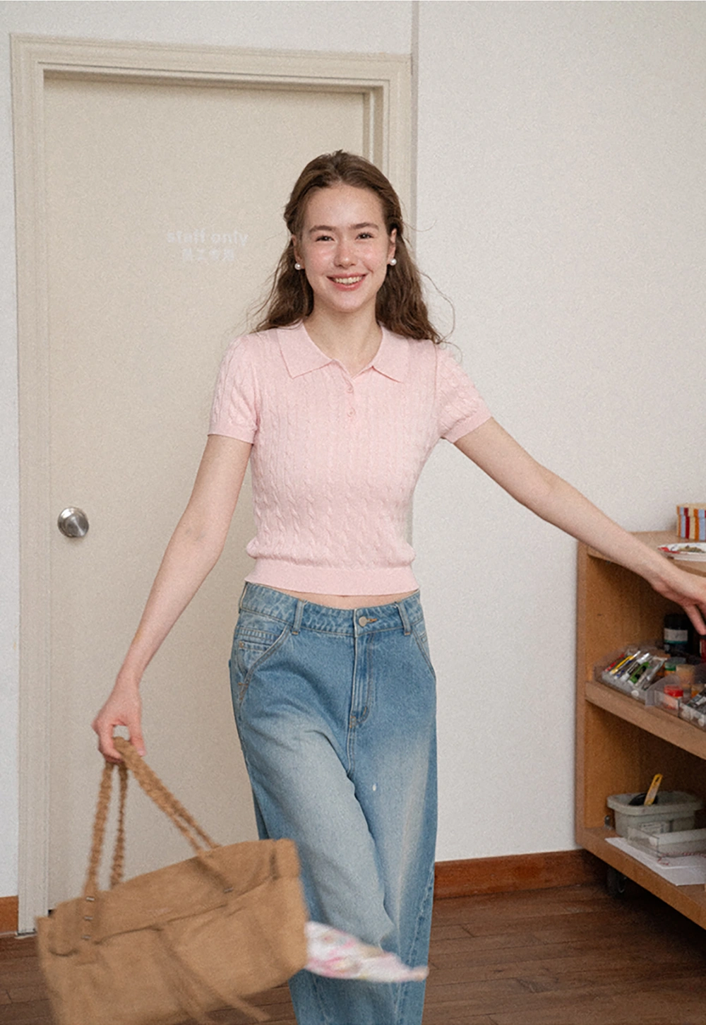 Polo Collar Ribbed Knit Short Sleeve Sweater