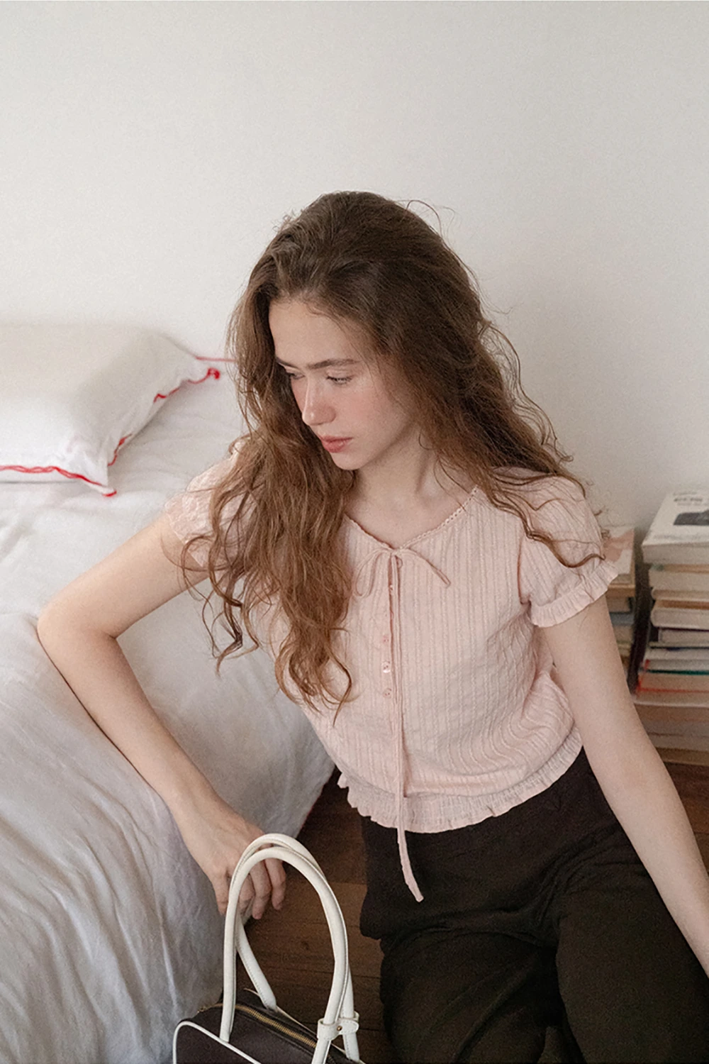 Pleated Short Sleeve Blouse with Ruffled Neckline