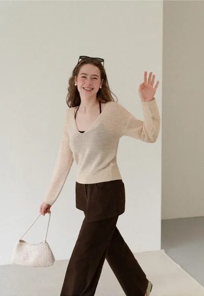 Ladies V‑Neck Knitted Pullover and White Cami Set