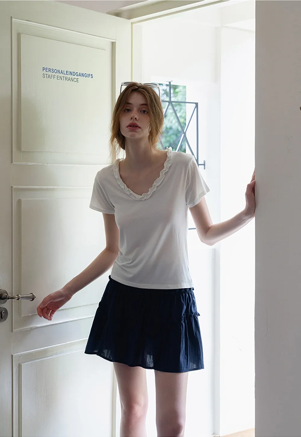 Ruffle Trim V-Neck T-Shirt