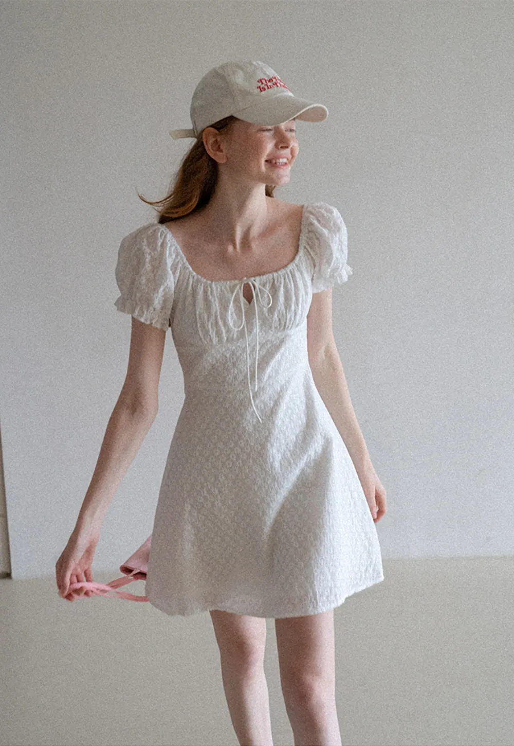 Women’s Puff Sleeve Tie-Front Eyelet Mini Dress