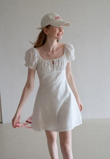 Women’s Puff Sleeve Tie-Front Eyelet Mini Dress