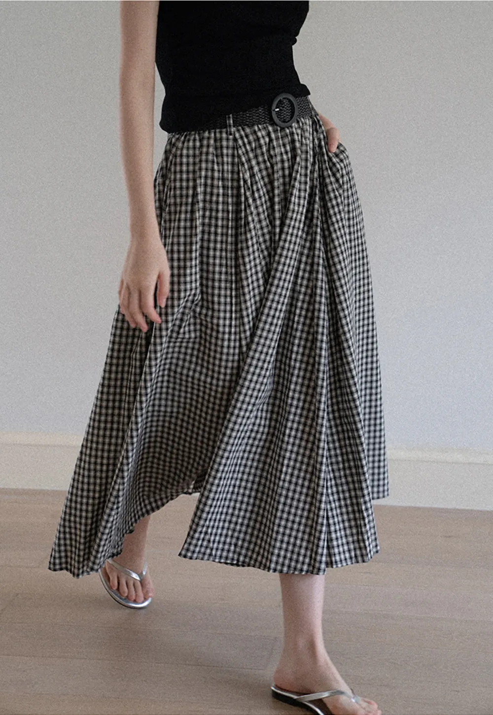 Belted Gingham Pleated Midi Skirt