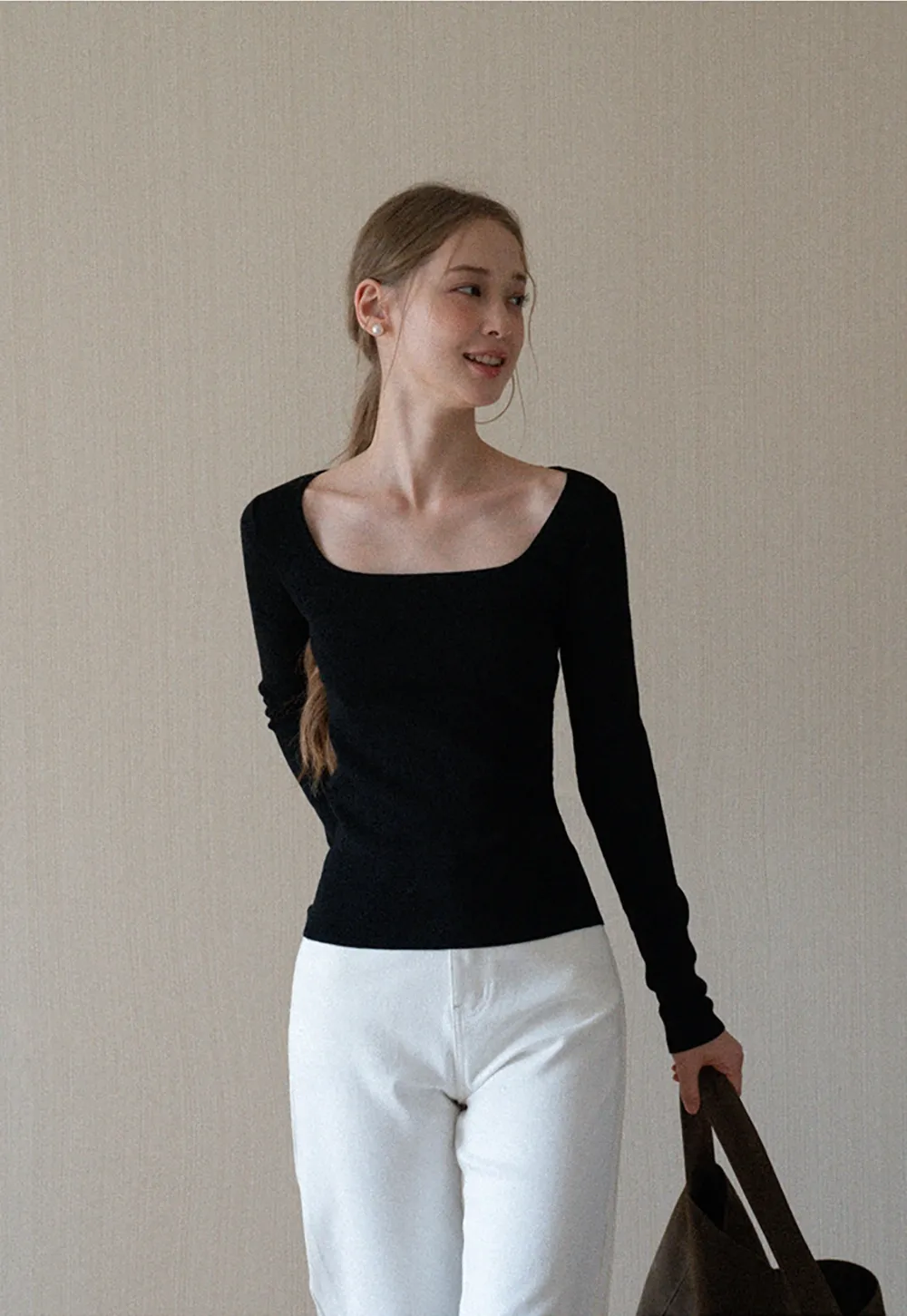 Womens Square Neck Long Sleeve Knit Top