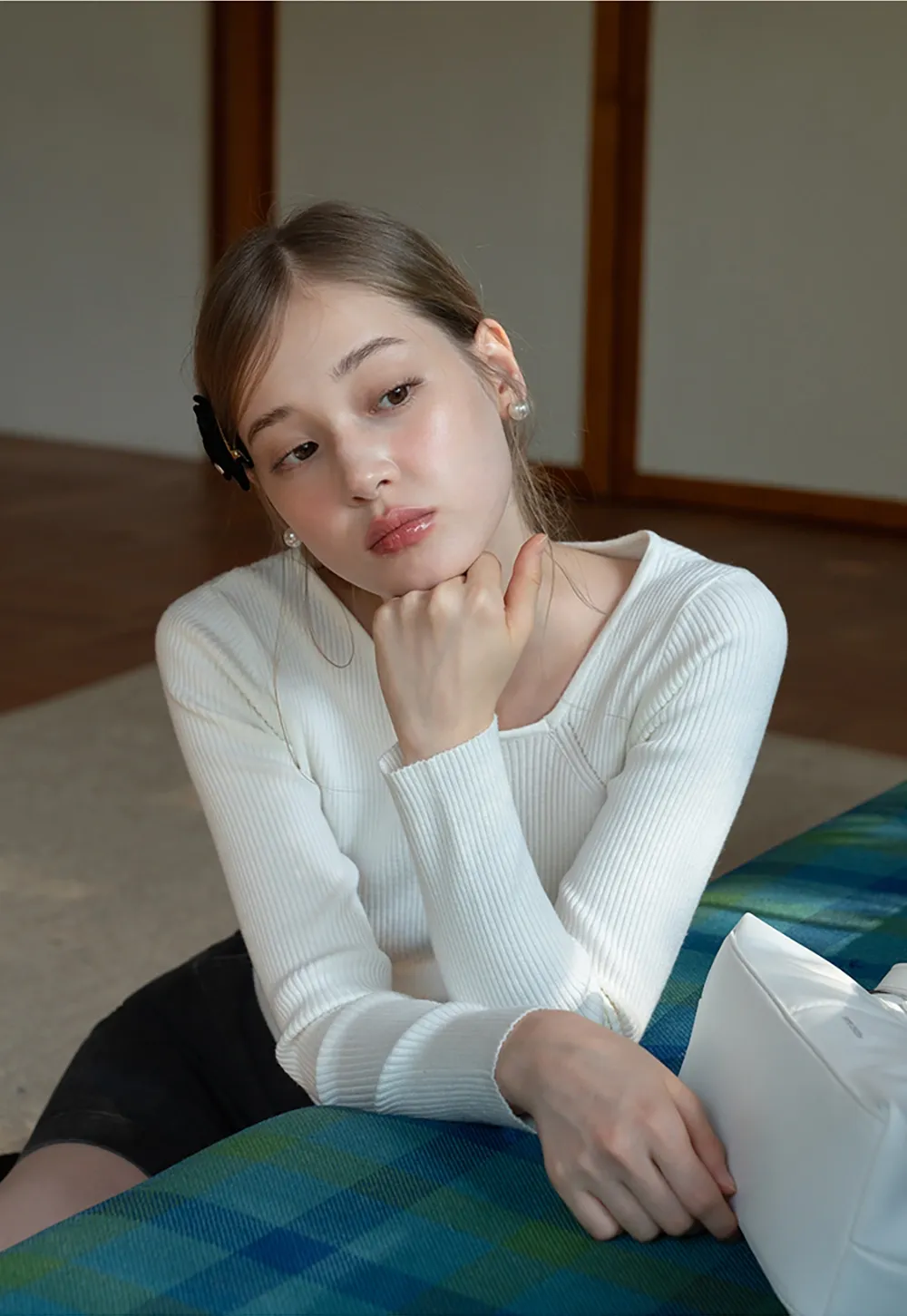 Womens Asymmetric Neck Ribbed Knit Long Sleeve Top