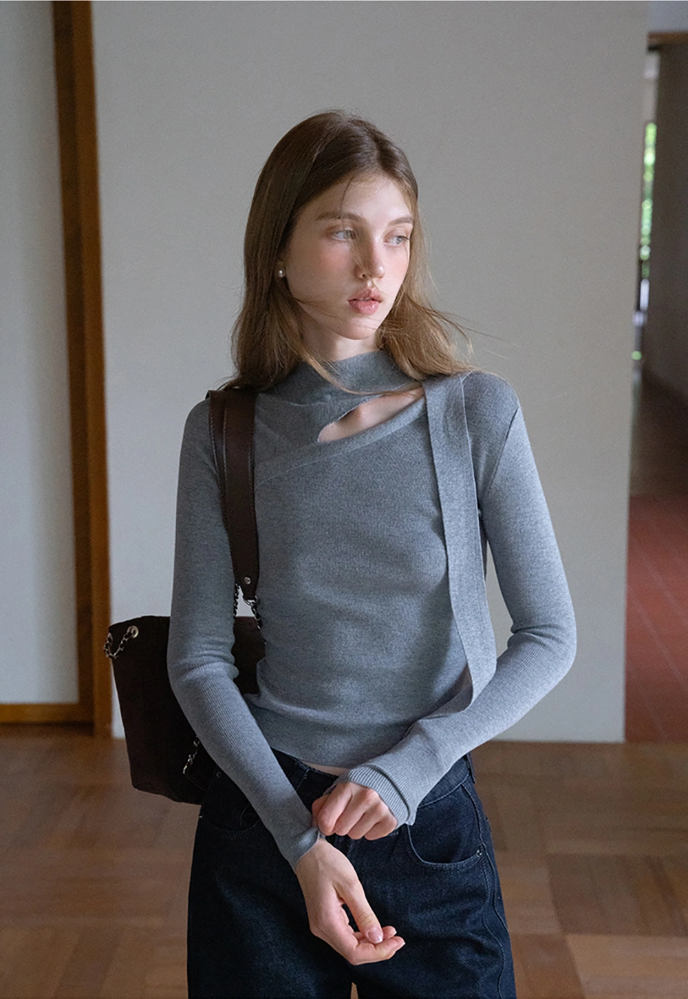 White Long Sleeve Knit Top With Tie