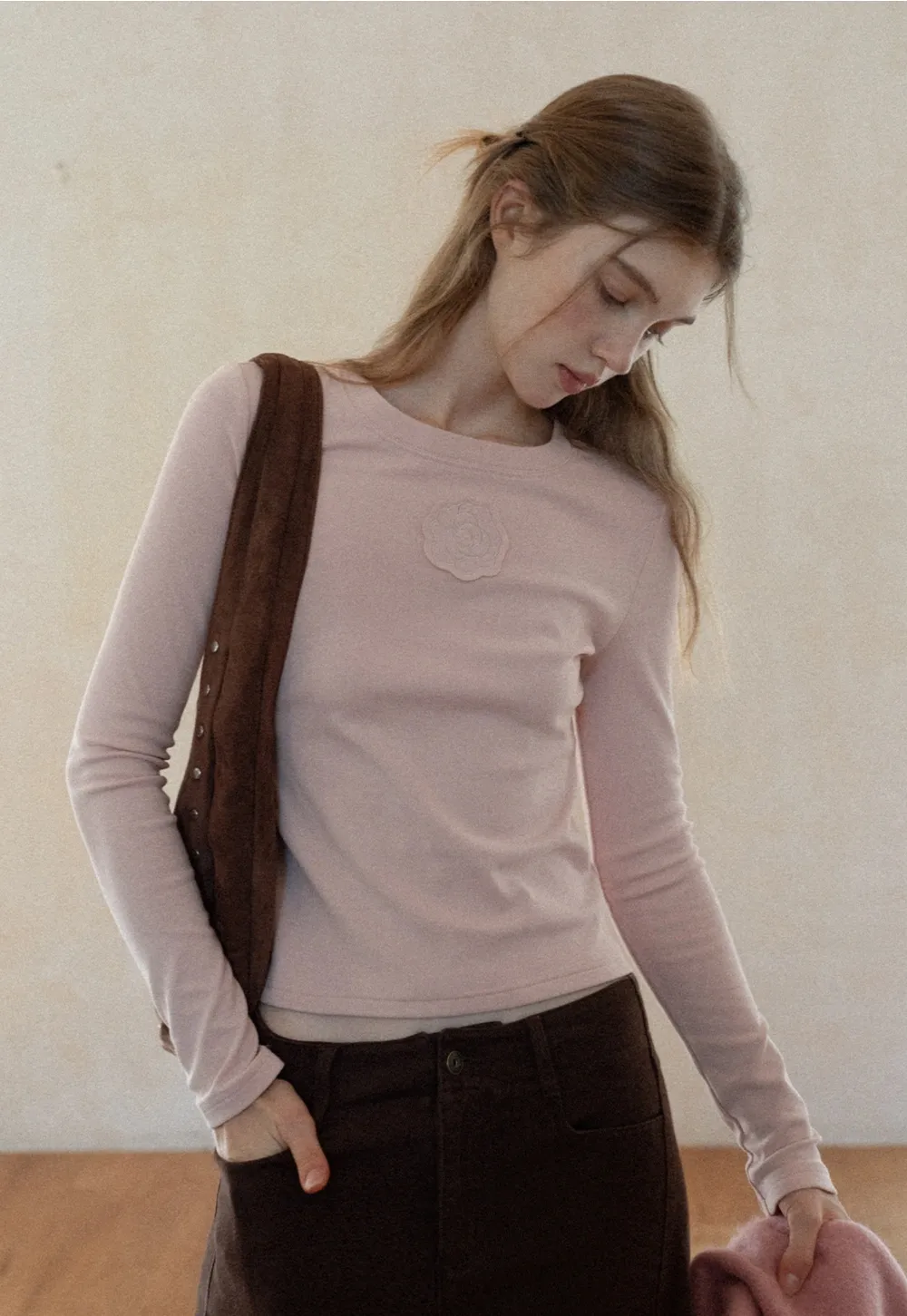 Women Long Sleeve Top with Flower Detail