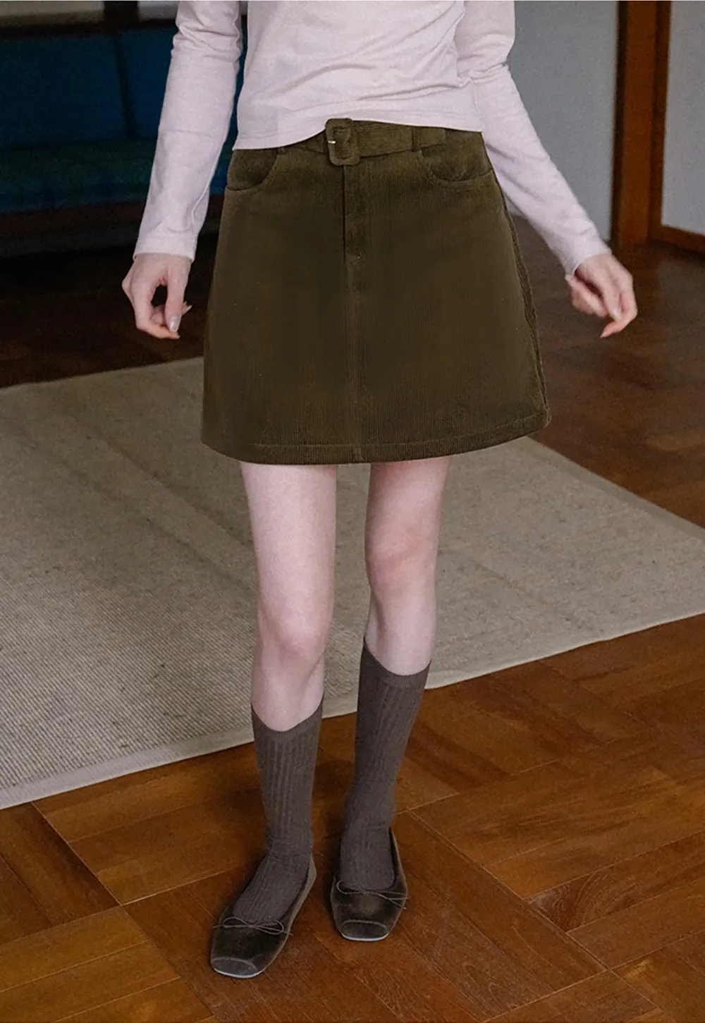 Women White Belted Corduroy Skirt