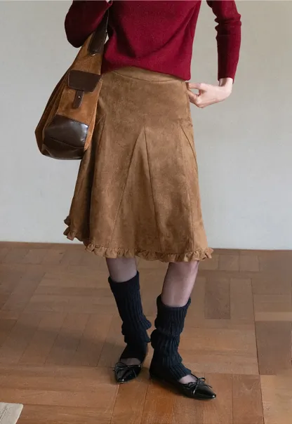 Ruffled Hem Suede A-Line Skirt