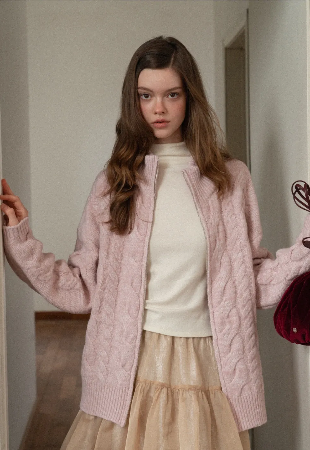 Women Cozy Cable Knit Cardigan with Zipper