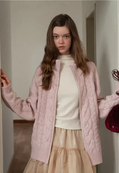 Women Cozy Cable Knit Cardigan with Zipper