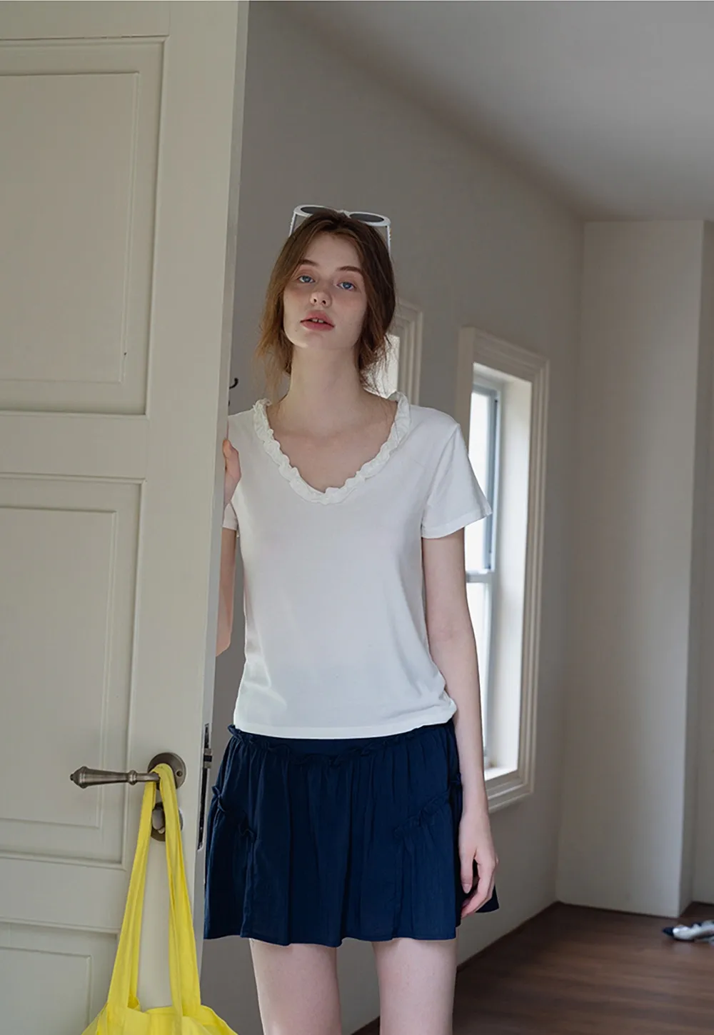 Ruffle Trim V-Neck T-Shirt
