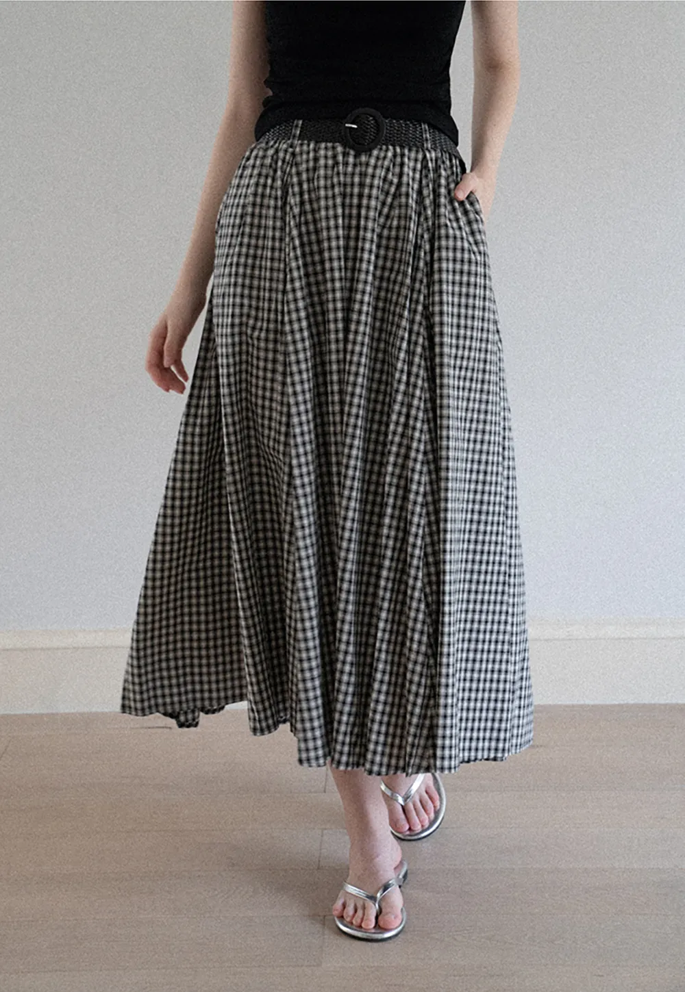 Belted Gingham Pleated Midi Skirt