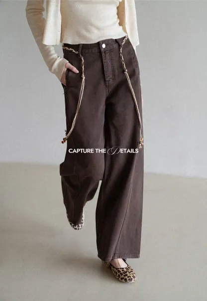 Beaded Scarf-Belt Wide-Leg Jeans