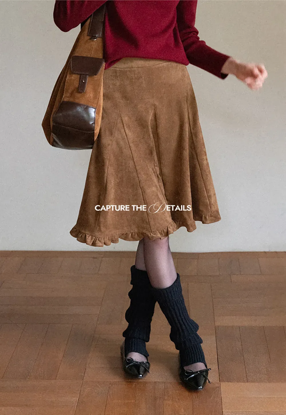 Ruffled Hem Suede A-Line Skirt