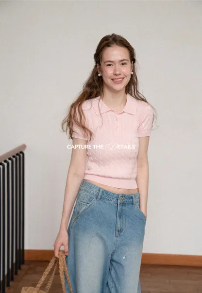 Polo Collar Ribbed Knit Short Sleeve Sweater
