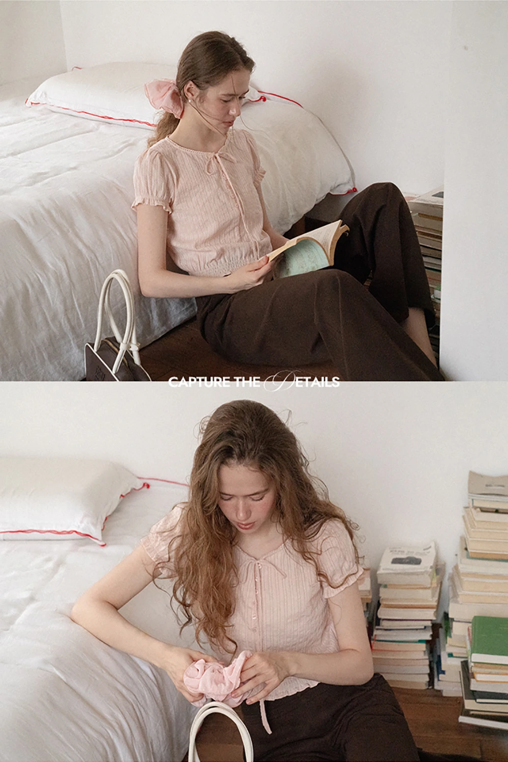 Pleated Short Sleeve Blouse with Ruffled Neckline
