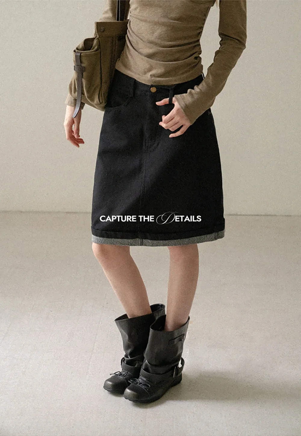 Rolled Hem Denim A-Line Skirt