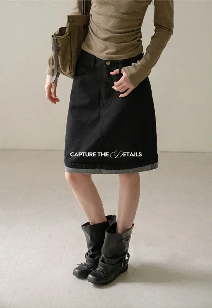 Rolled Hem Denim A-Line Skirt
