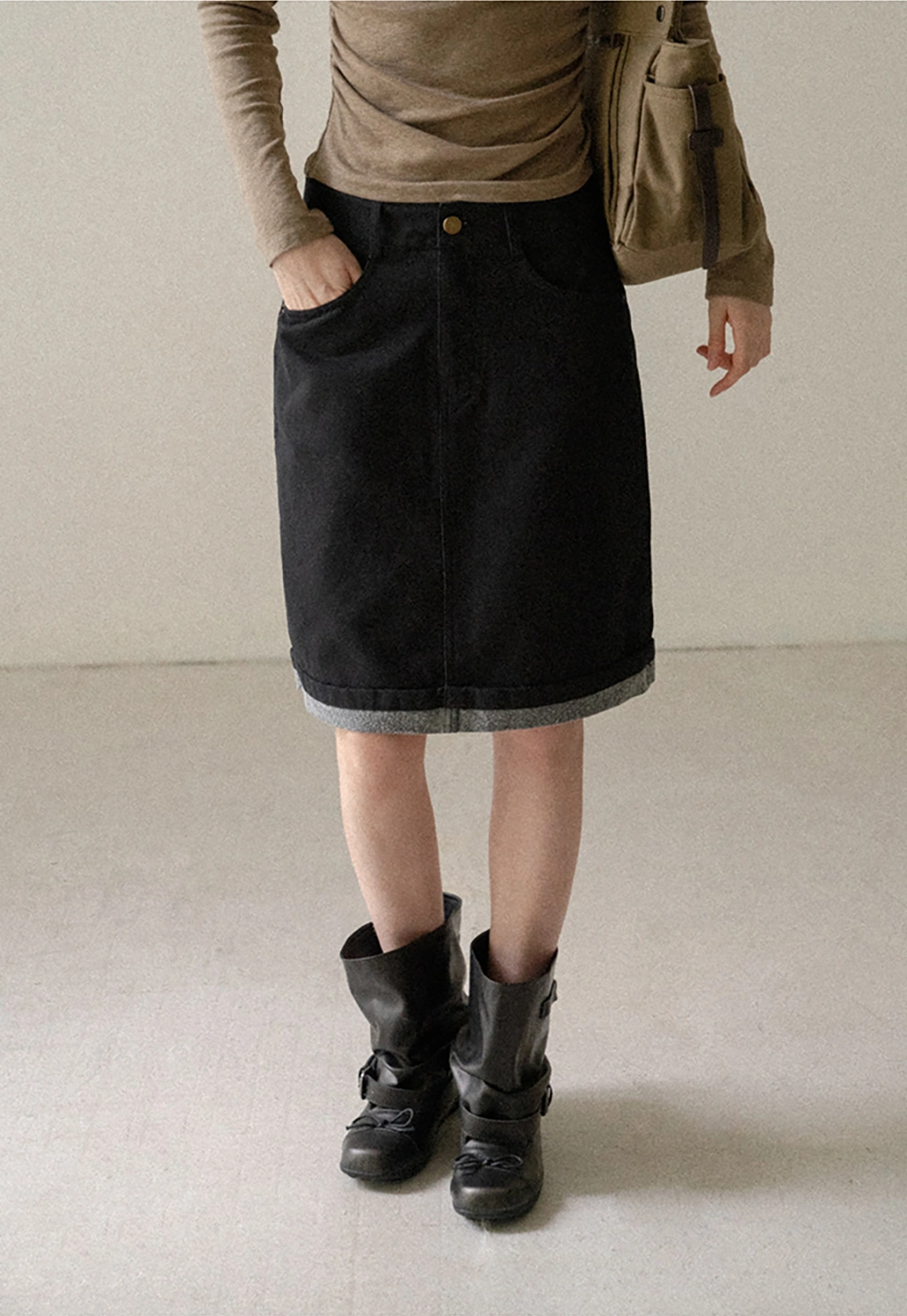 Rolled Hem Denim A-Line Skirt