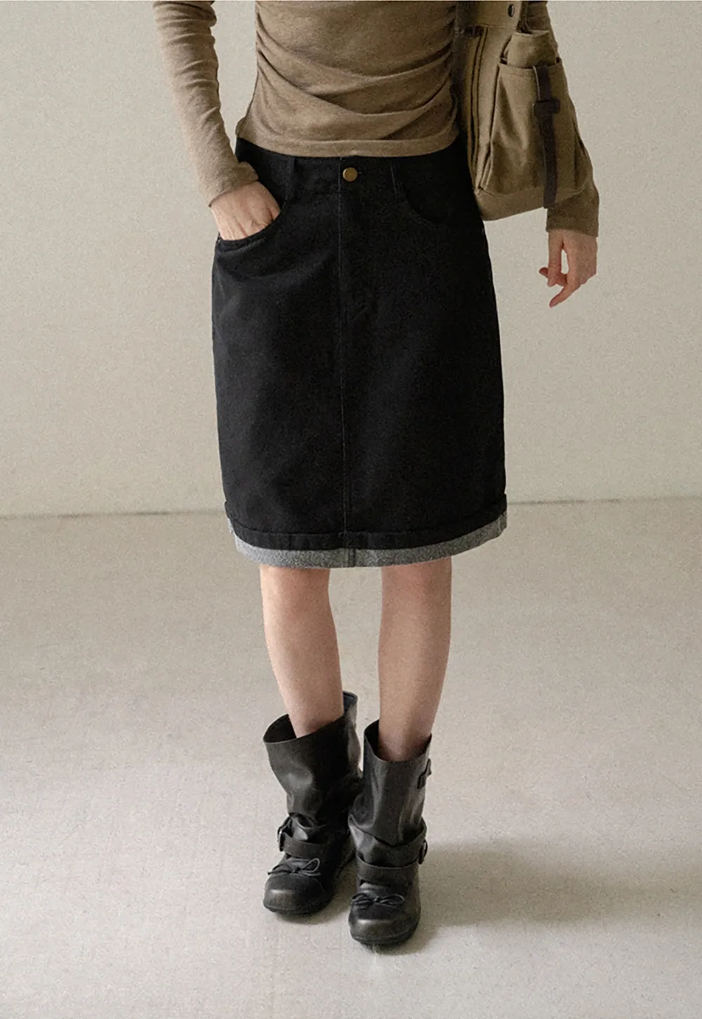 Rolled Hem Denim A-Line Skirt