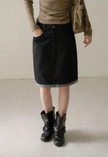 Rolled Hem Denim A-Line Skirt