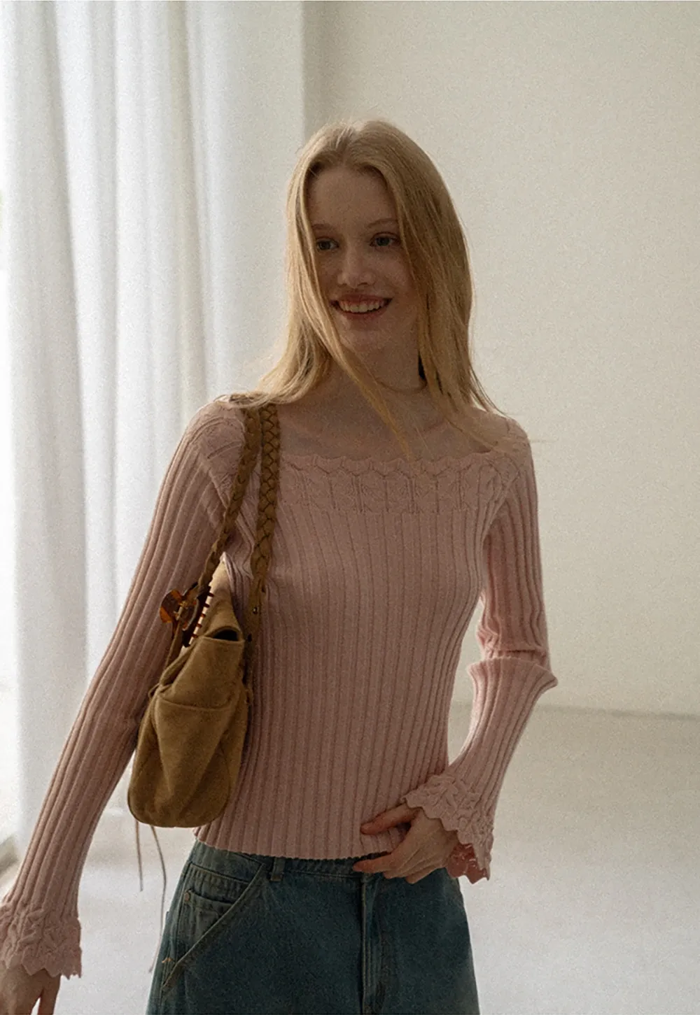 Scalloped Neck Ribbed Knit Cropped Sweater