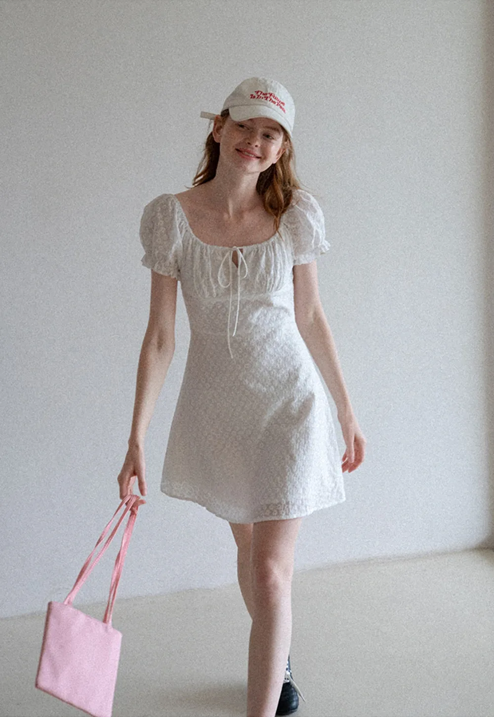 Women’s Puff Sleeve Tie-Front Eyelet Mini Dress